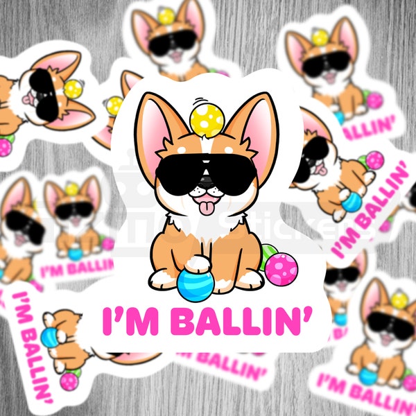 Cool Corgi Dog Sticker, Adorable Cute Puppy with Balls Label, Silly Animal Decal for your Laptop, Tumbler, or Journal, Dishwasher safe