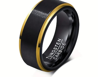 8mm Black with Golden Men's Tungsten Steel Ring Size 12