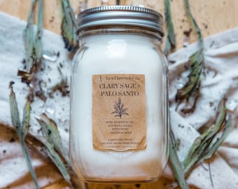 Energy Clearing Candle Organic Clary Sage + Palo Santo | Natural Soy Wax Hemp Wick Candle | Essential Oil Candle