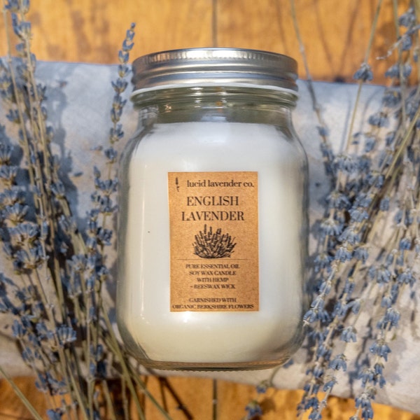 English Lavender Organic Essential Oil Candle | Natural Soy Wax Hemp Wick Candle
