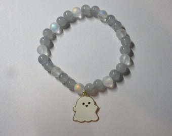 Bracelet fantôme mignon | Bracelet extensible à grosses perles avec charme | Gris et blanc