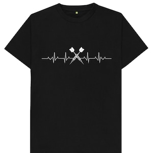 May include: Black t-shirt featuring a white graphic of crossed darts integrated into a heartbeat line. The darts are detailed with white feathers and silver shafts, symbolizing precision and focus. A stylish design for dart enthusiasts.