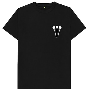 May include: Black t-shirt featuring a white graphic of three darts. The darts are arranged vertically, with the points facing down. The shirt has a crew neck and short sleeves, suitable for casual wear.