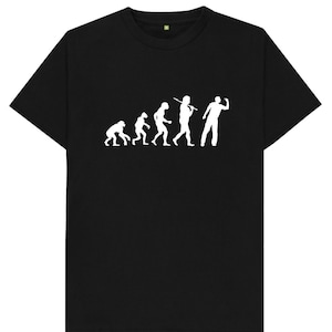 May include: Black t-shirt with a white silhouette of the evolution of man, ending with a man throwing a dart.