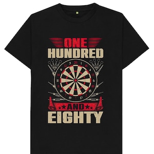 May include: Black t-shirt with a red and white dartboard graphic and the text "ONE HUNDRED AND EIGHTY".