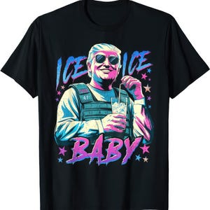 May include: Black t-shirt with a graphic of a man in sunglasses, holding a drink with a straw. The text "ICE ICE BABY" and "BABY" are in a stylized font. The man is wearing a vest with the number "47".