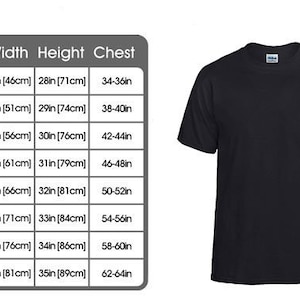 May include: Black short-sleeved t-shirt with a crew neck. A size chart is displayed, showing measurements in inches for width, height, and chest sizes ranging from S to 5XL.