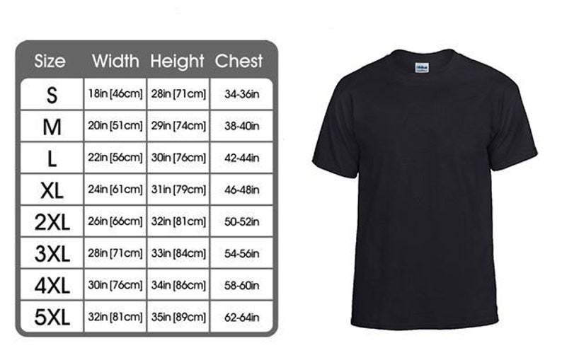 May include: Black short-sleeved t-shirt with a crew neck. A size chart is displayed, showing measurements in inches for width, height, and chest sizes ranging from S to 5XL.