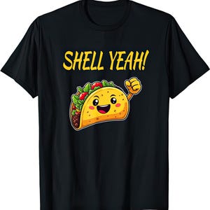 Op de afbeelding: Zwart T-shirt met een cartoon taco met een glimlachend gezicht en de tekst "Shell Yeah!" erop gedrukt.