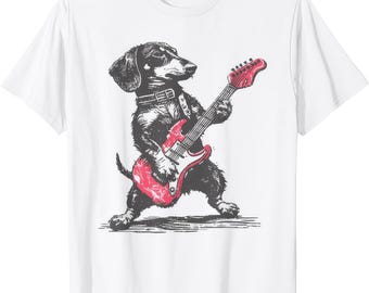 Dachshund Weenie Playing Guitar Funny Dog Rock Heavy Metal Music  T Shirt