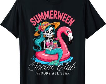 Camiseta Summerween Social Club | Camiseta de esqueleto sereia assustadora o ano todo | Camiseta de verão para o Halloween