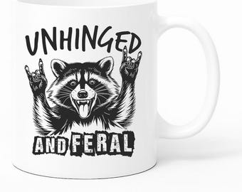 Taza de café y té con diseño de mapache salvaje y desquiciado, 325 ml, cerámica blanca, asa mate antideslizante