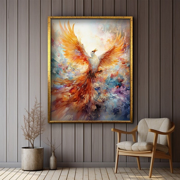 Phoenix bird canvas, fiery bird art, simurgh bird wall decor, fiery bird canvas print