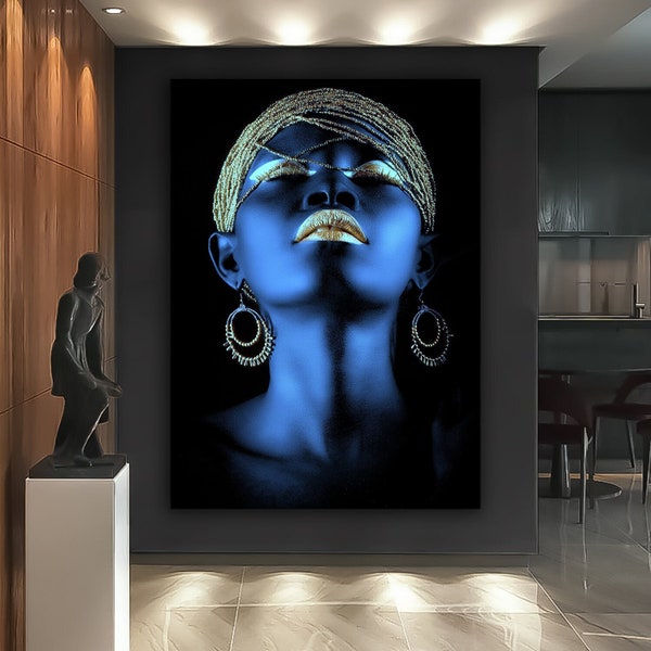 African wall art, gold glitter textured painting, blue faced ethnic woman art