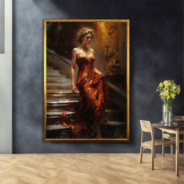 Beautiful woman canvas, old style woman painting, believe woman on stairs poster, framed woman art