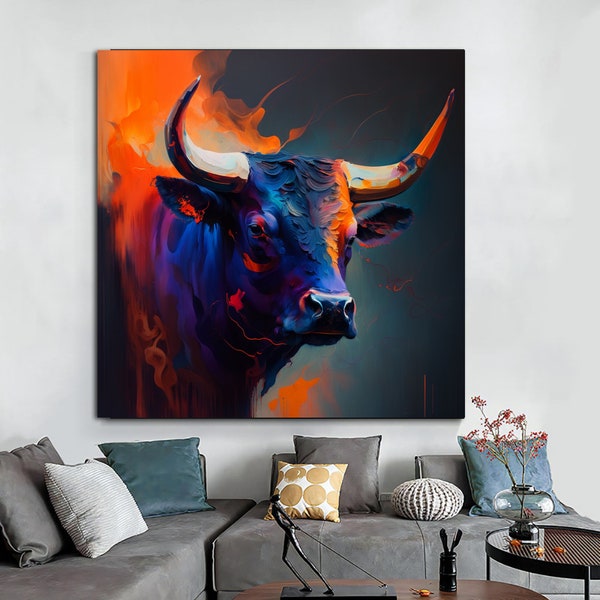 Abstract canvas print of a bull painting, dark blue and orange, ox art, bull wall art, bull poster, bold, colorful