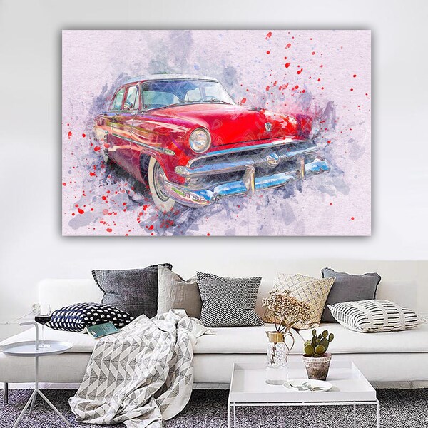 car water color looking canvas painting, car prints art decor,colorful car wall art,red car canvas painting