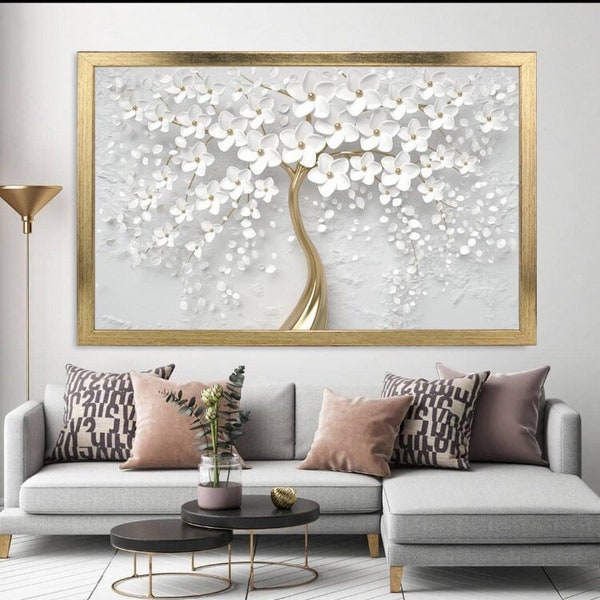 Whıte flowers Glitter textured framed canvas, handcrafted glitter texture, framed wall art, framed canvas painting