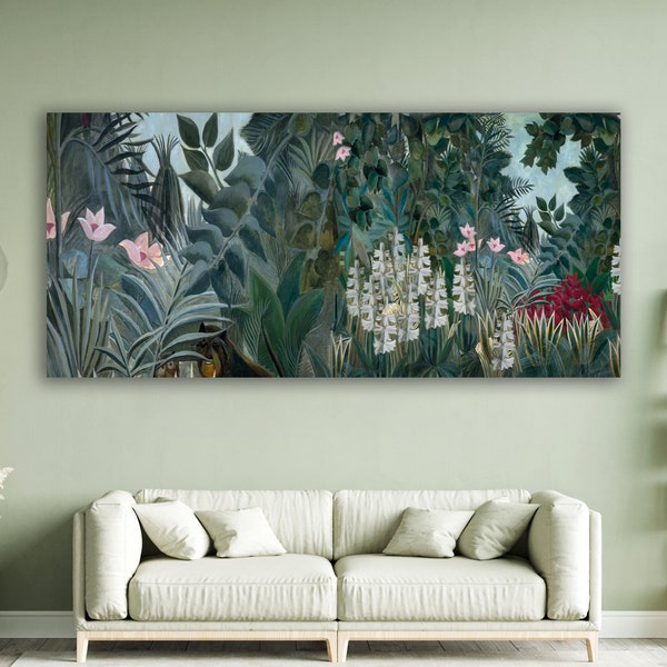Henri Rousseau,The Equatorial Jungle,Green Forest Landscape,Above Bed Decor,Panorama Print,Large Wall Art