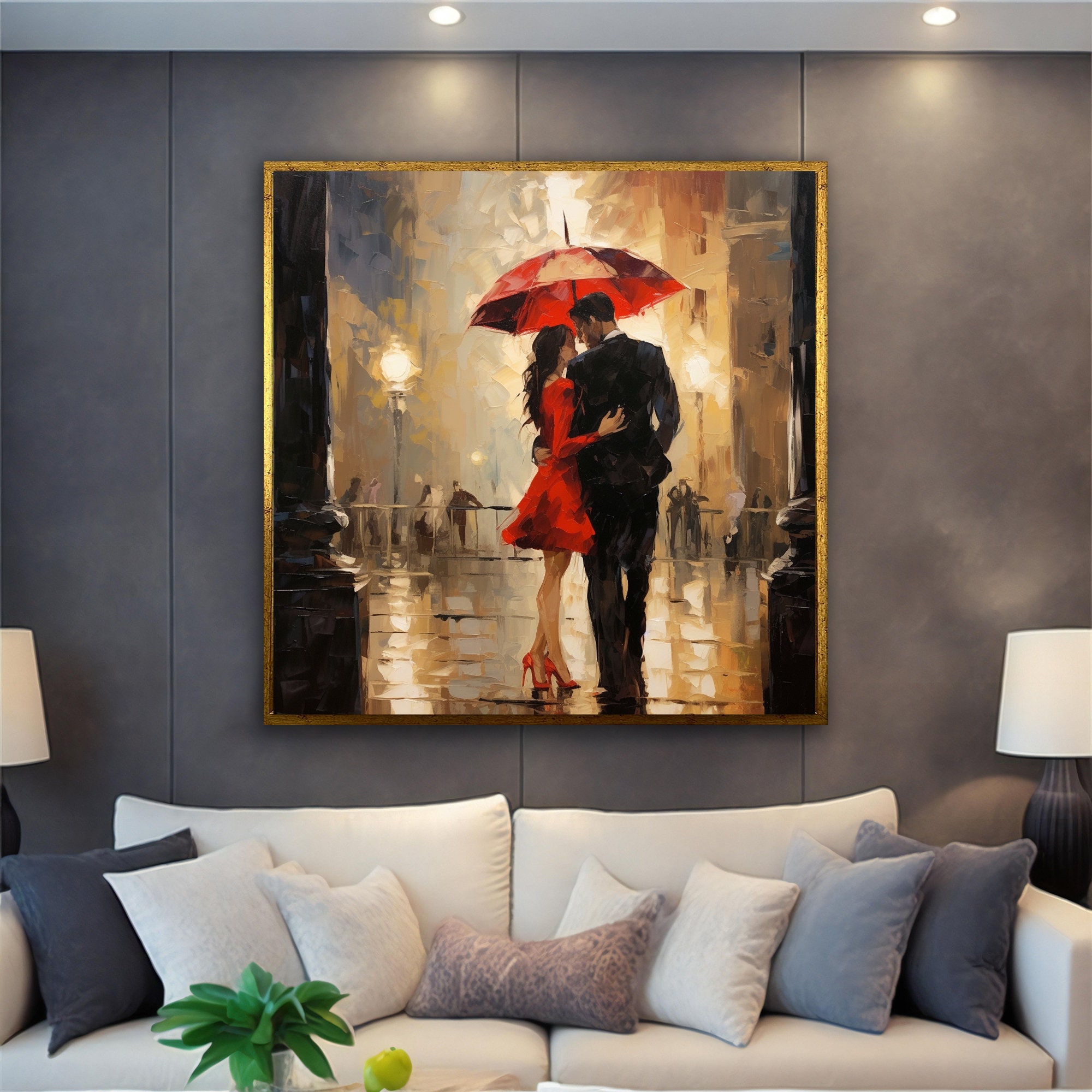 Quadro Moderno: Coppia Romantica sotto l'Ombrello con Colori Vivaci e  Luminosi