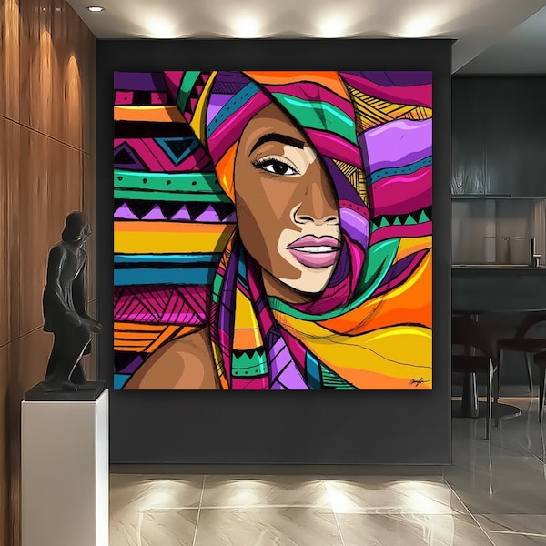 Colored african woman, ethnic woman art, black woman painting, american woman wall art