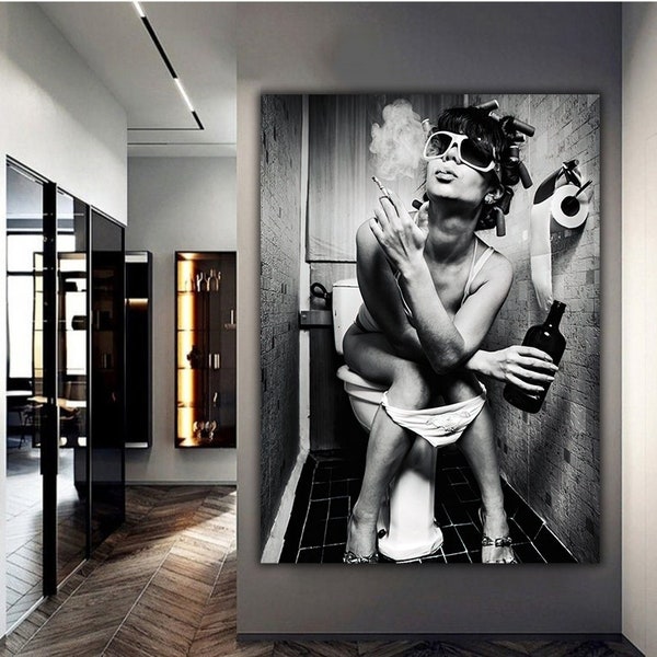 Mädchen Raucher Toilette, Fashion Wc Wandkunst, Fashion Girl Print, Stilvolle Wandkunst, Mädchen trinkt Toilette, Mode Wandkunst, schwarz weiß