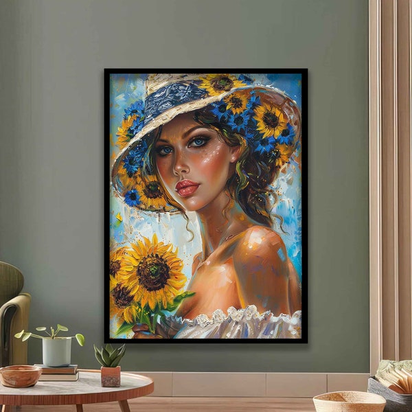 Floral woman poster, sunflower and beautiful woman wall art, woman poster