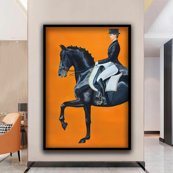 Affiche d'art mural en toile abstraite Orange, femme cheval, art scandinave nordique