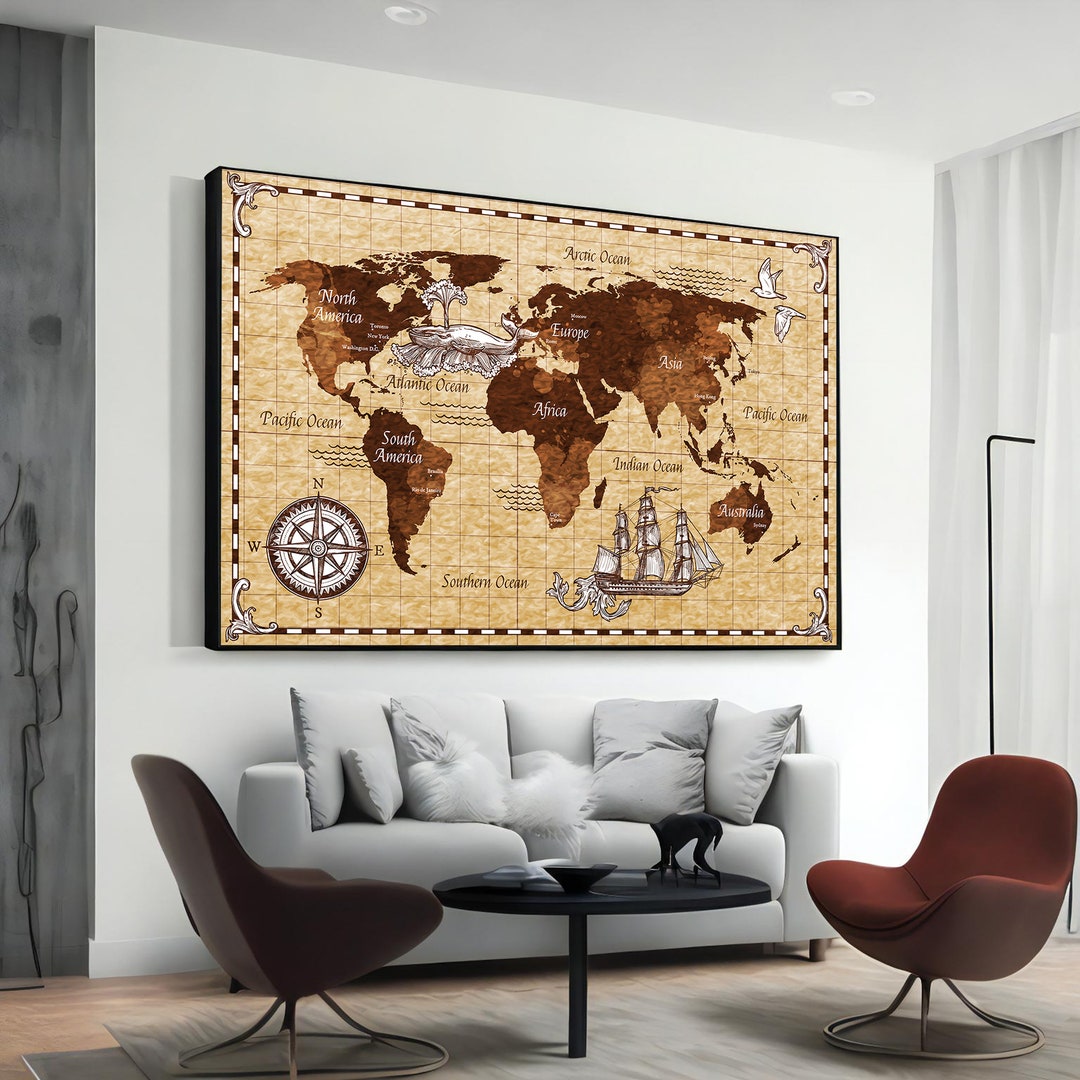 Vintage World Map Canvas Print, Rustic Wall Decor, Travel Theme Art ...