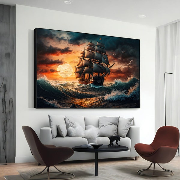 Piratenschiff Wandkunst, Vintage Nautik Leinwanddruck, Küsten Dekor, Strand Haus Dekoration, Ozean Thema Geschenk für Piraten Liebhaber