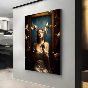 SURREAL woman art, woman figure with eyes closed, birds and woman print, abstract woman wall art image 2
