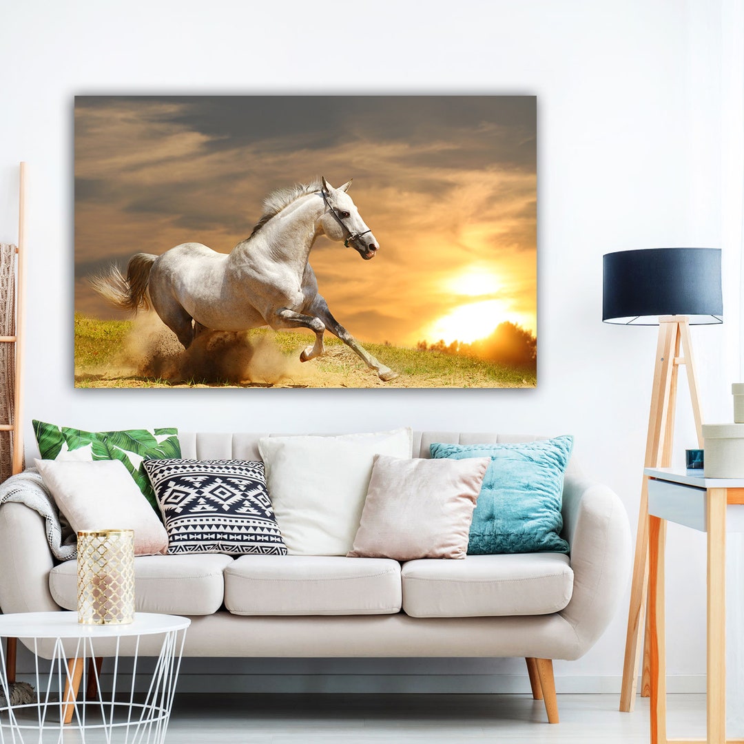 White Horses Canvas Painting, Horse Wall Decor, White Horse Art Print ...