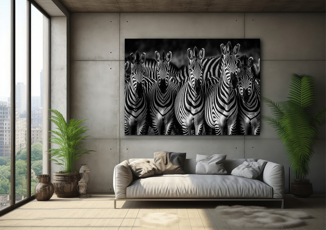 Zebra Family Canvas Painting, Black and White Zebra Wall Art, Zebra