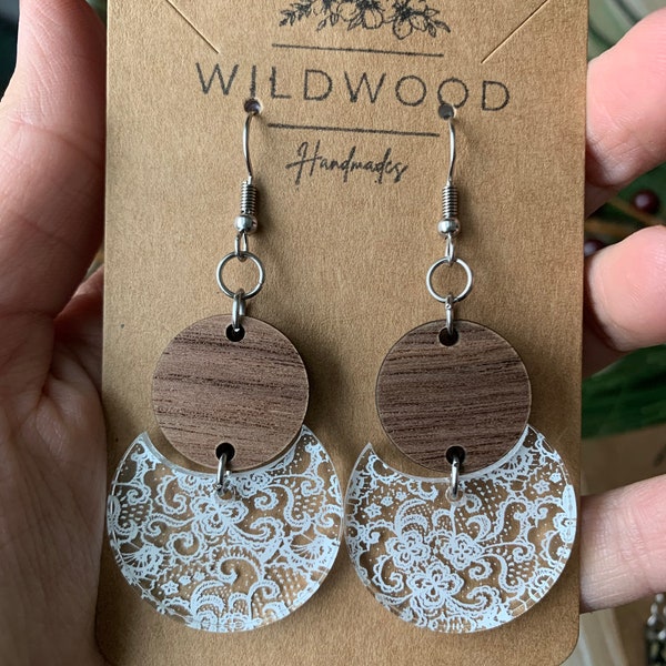 White Lace & Wood Earrings ~ Hypoallergenic, lightweight, and beautiful