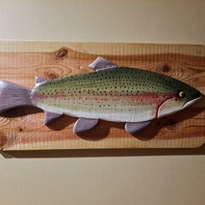 Large realistic wood carved hand-painted rainbow trout wall decor
