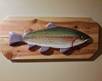 Large realistic wood carved hand-painted rainbow trout wall decor