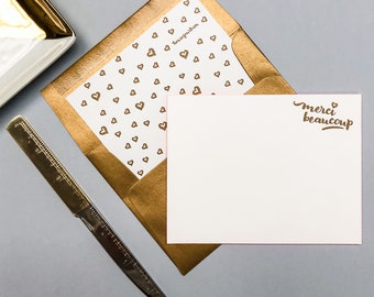 Merci Beaucoup Briefpapier Set: Letterpress Danksagungen Gold