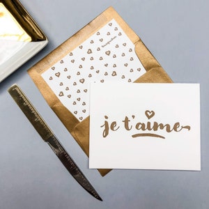 Letterpress Grußkarte || Ich Liebe Dich || Je t‘aime Kalligrafische Klappkarte auf 100% Baumwollpapier in goldener Tinte || Französisch Ich Liebe Dich