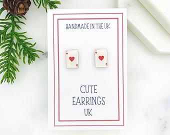 Playing Card Stud Earrings, Ace of Hearts Hypoallergenic