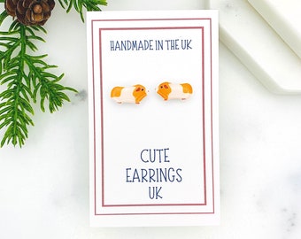 Guinea Pig Earrings, Gold & White Guinea Pig Earrings, Animal Earrings, Hypoallergenic Earrings, Stud Earrings, Gift For Her, Fun Earrings.