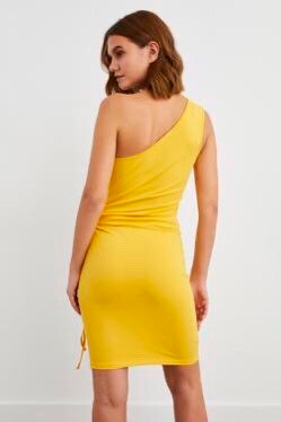 Yellow One Shoulder Pleated Knitted Dress Etsy
