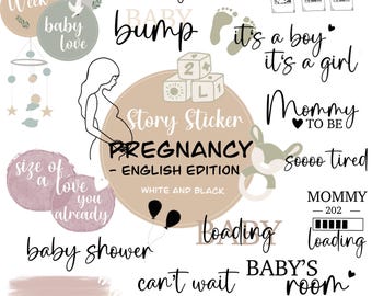 May include: A set of printable stickers for pregnancy announcements, baby showers, and other pregnancy milestones. The stickers feature illustrations of a baby bump, a baby mobile, a baby shower, and other pregnancy-related imagery. The stickers are in black and white and have a minimalist design.