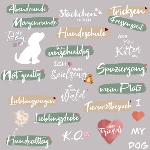 May include: A light grey background with green, pink and brown text boxes. The text boxes contain phrases related to dog ownership, such as "My Dog", "Not Guilty", "K.O.", "Best Friends", and "Hundeattag".