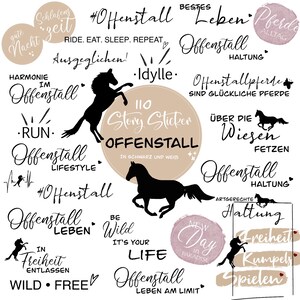 Könnte beinhalten: Eine Sammlung bunter Sticker mit Text und Bildern von Pferden. Die Sticker zeigen Sätze wie "Offenstall Leben", "Offenstall Pferde", "Offenstall Lifestyle" und "Offenstall Leben am Limit".
