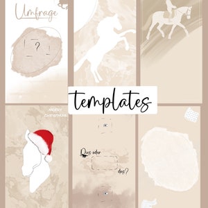 Puede incluir: Cinco plantillas de historias de Instagram con una silueta de caballo en varias poses. Las plantillas incluyen una pregunta de encuesta, una pregunta de "esto o aquello", un espacio en blanco para texto, un saludo navideño y una silla de montar.