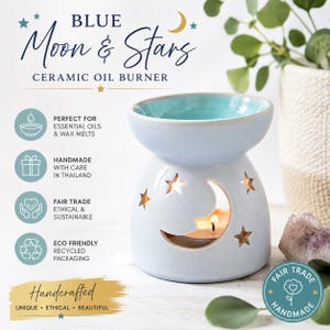 Blue Moon & Stars Ceramic Oil Burner | Fair Trade Wax Melt Burner | Essential Oil Burner | Celestial Home Décor | Handmade Gift