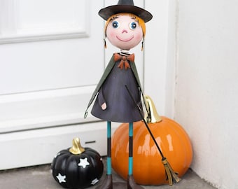 Metal Witch Ornament – Halloween Witch Figurine, Pointy Hat & Broomstick, Spooky Mantel and Shelf Decor, Whimsical Seasonal Decoration