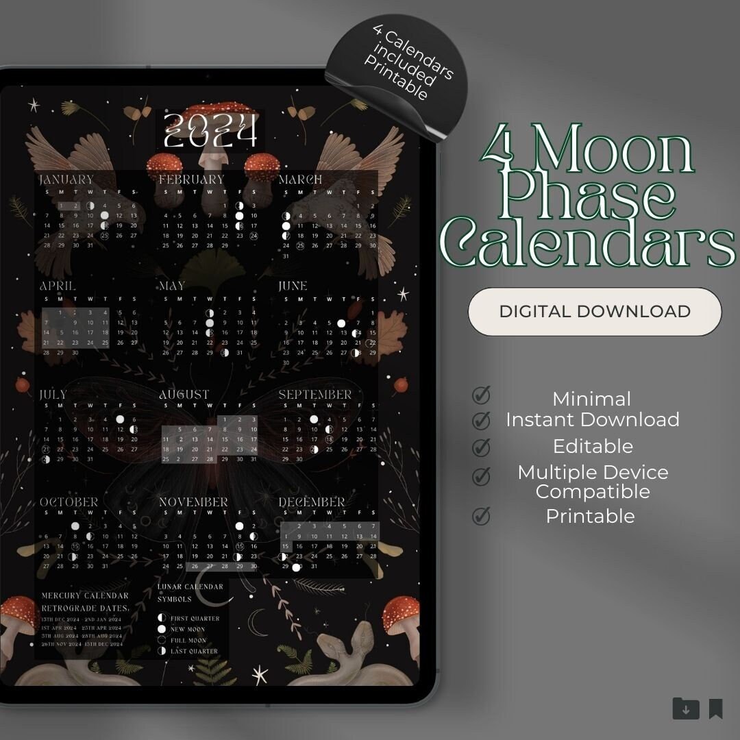 Lunar Calendar 2024, Moon Phase Calendar, Printable Calendar, Wall