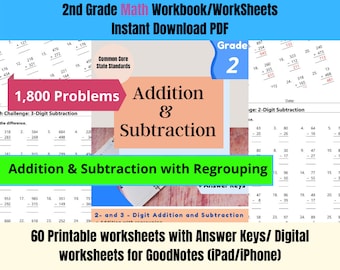 2nd Grade Math Worksheets – Addition & Subtraction, 1800 Problems (Digital Download)