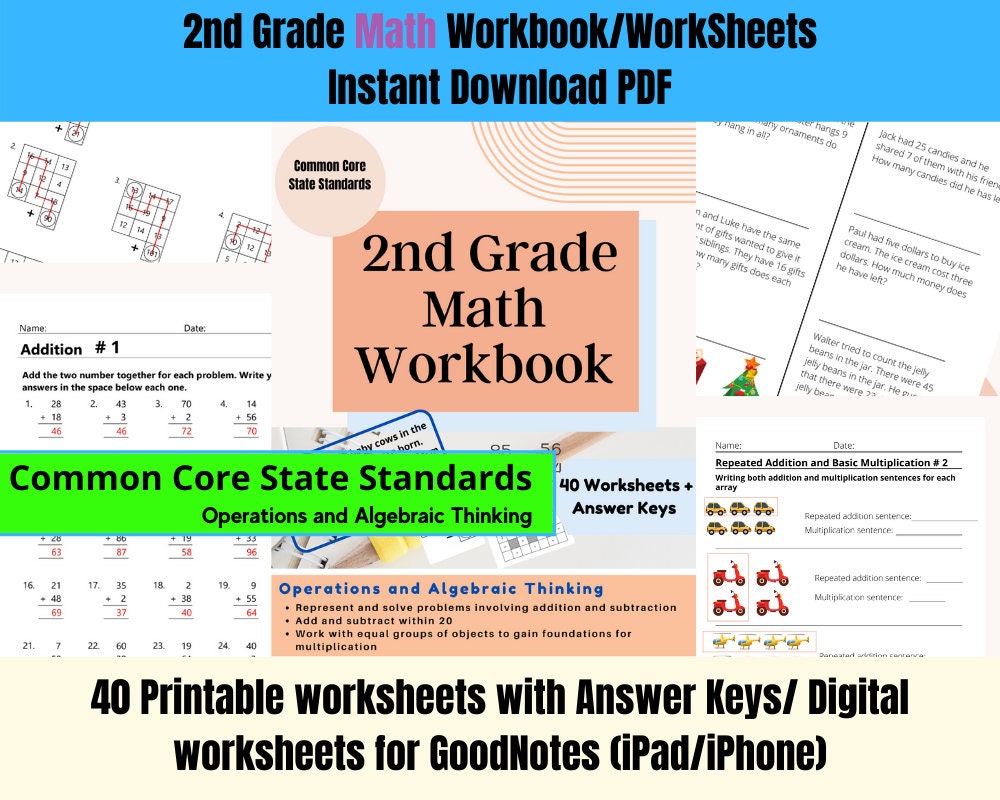 2nd grade math workbook 40 worksheet with answer keys etsy